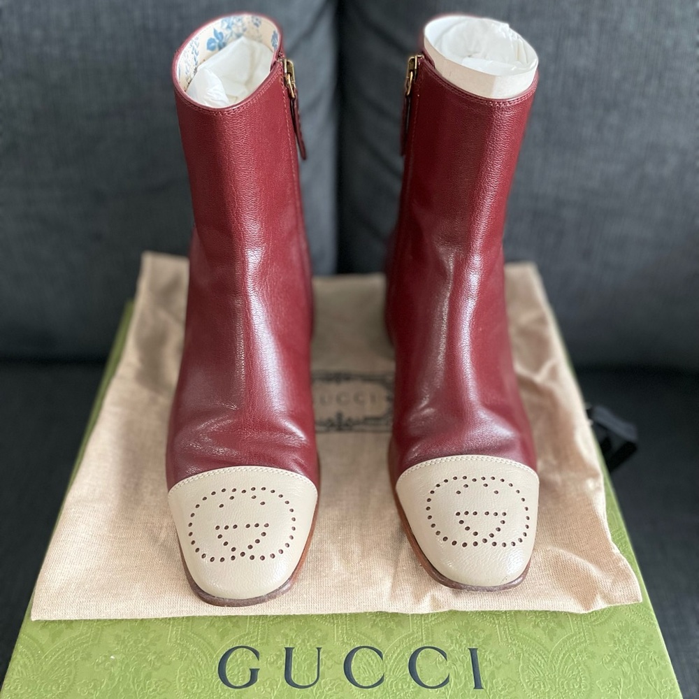 Gucci Red and Cream Ankle Boots Perforated Logo can fit US 36